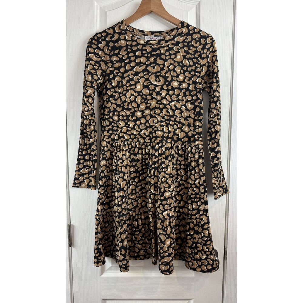 Joy Joy Women's Long Sleeve Leopard Print Tiered Dress Size S Small
